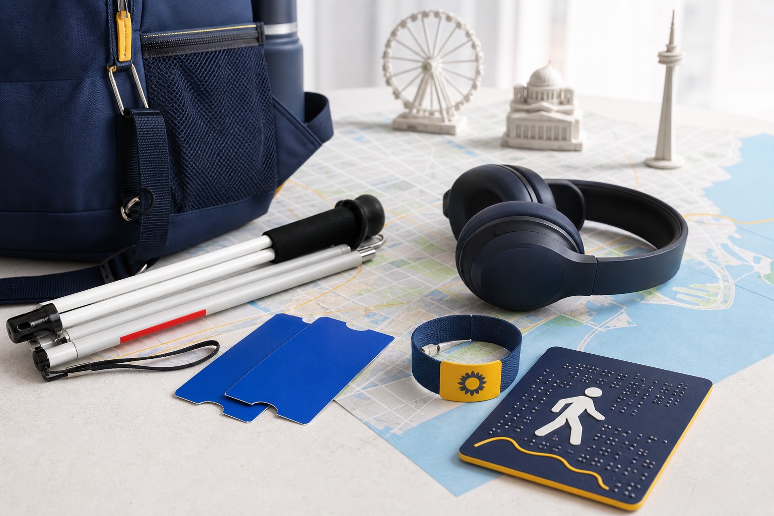 An accessible family day bag, blank attraction tickets, headphones, mobility cane, tactile route card and Toronto map