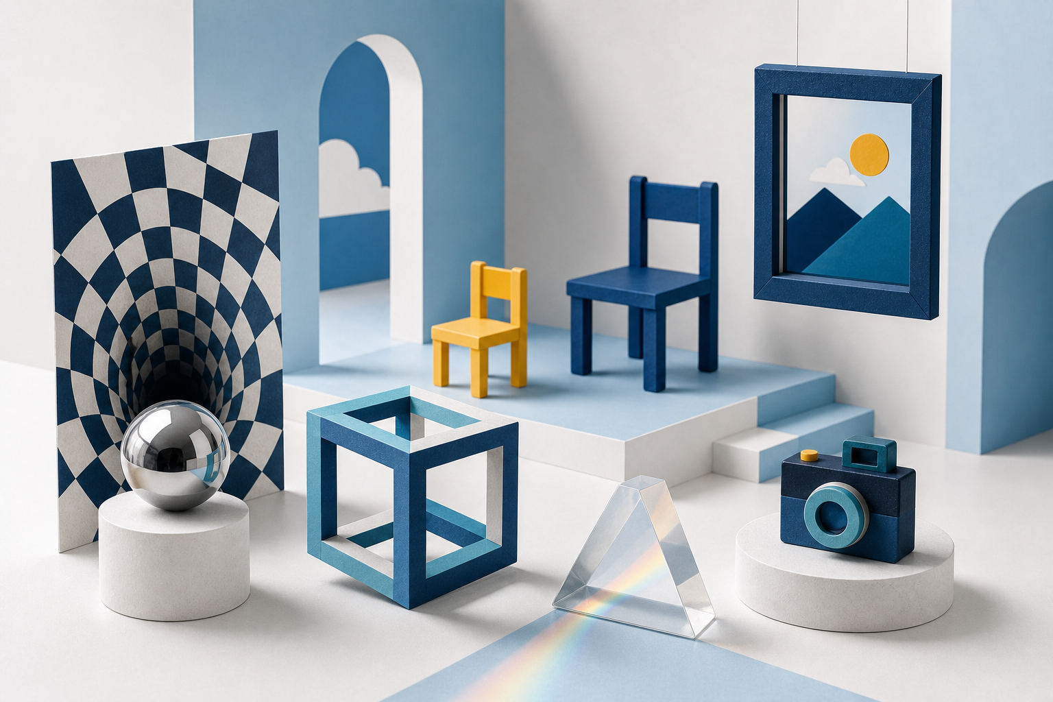 A premium editorial still life of generic optical illusion objects, an impossible cube and a small camera