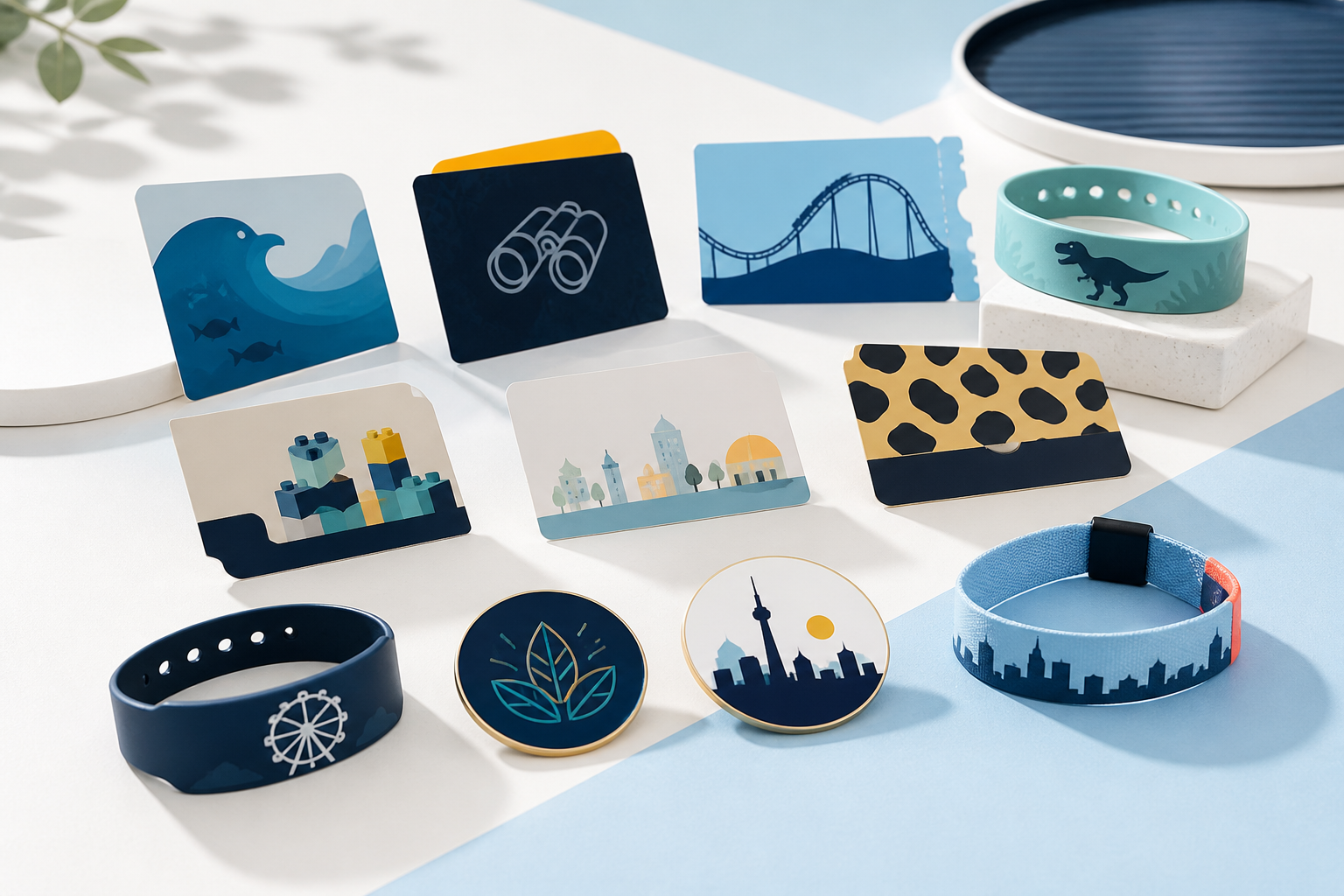 A premium editorial collection of generic family attraction cards, wristbands and pass tokens