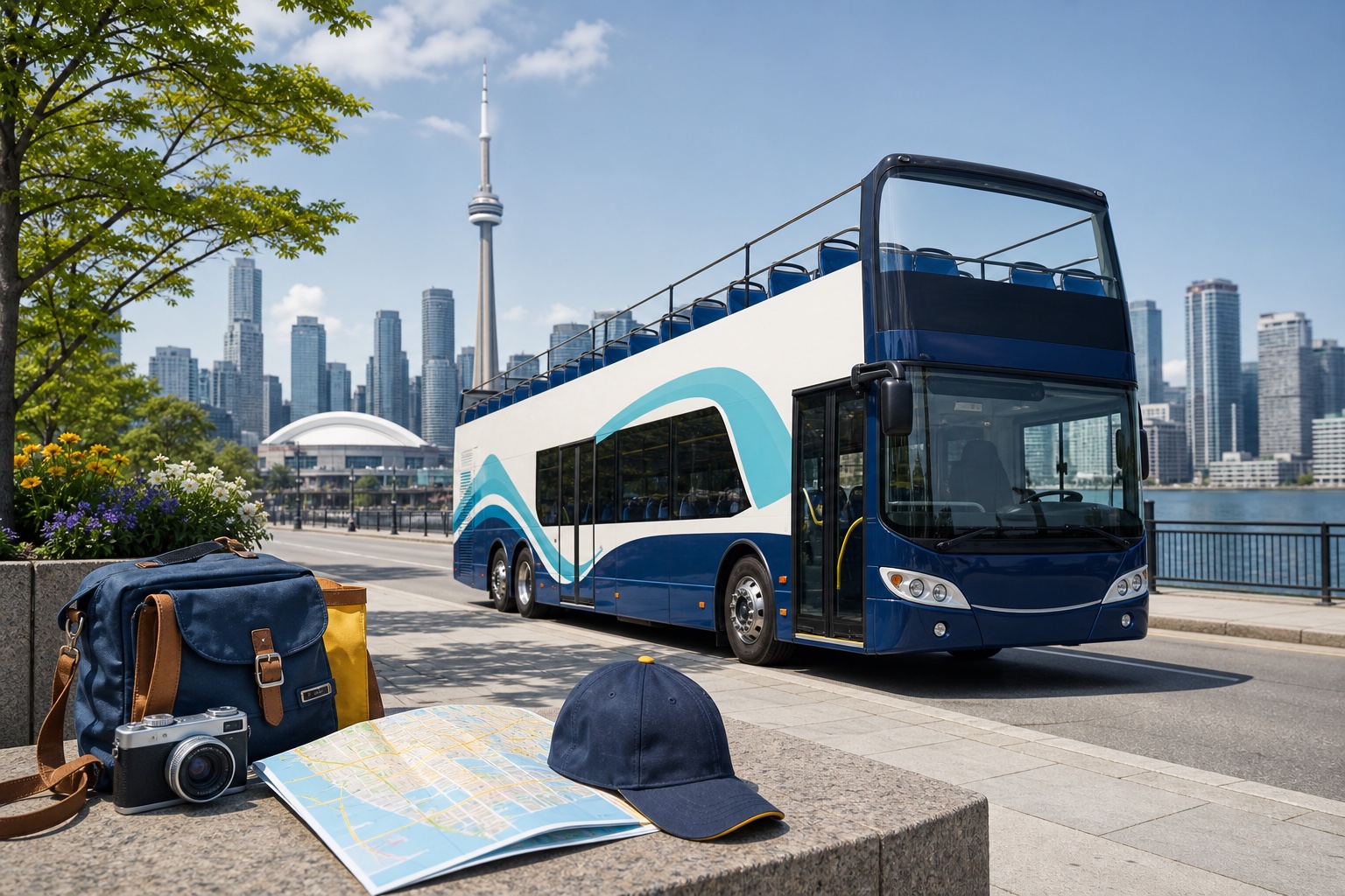 A generic blue open-top sightseeing bus beside a family day bag, camera, city map and child’s cap