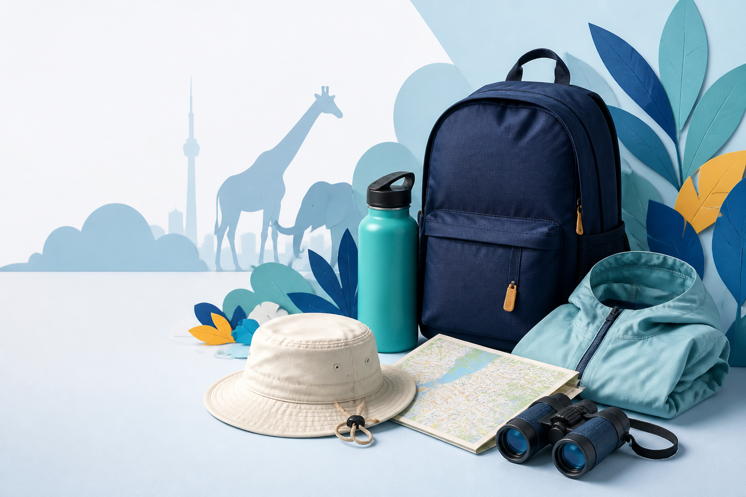 Backpack, water bottle, rain layer, hat, map and binoculars for a Toronto Zoo family day